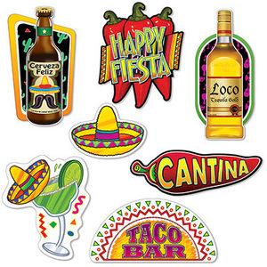 FIESTA CUTOUTS CHILE, SPIRITS, MARGARITA, TACO, SOMBRERO 7PCS