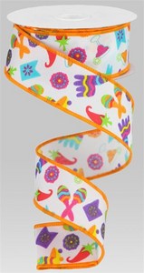 RIBBON 1.5IN FIESTA ASSORTED PRINT WHT MULTI 10YD SPOOL