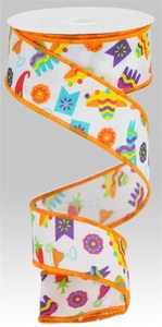 RIBBON FIESTA ASSORTED PRINT ON FAUX ROYAL WHT MULI 1.5INX10YD SPOOL