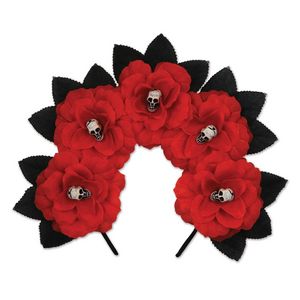 DOD RED FLORAL HEADBAND W/ MINI SKULLS